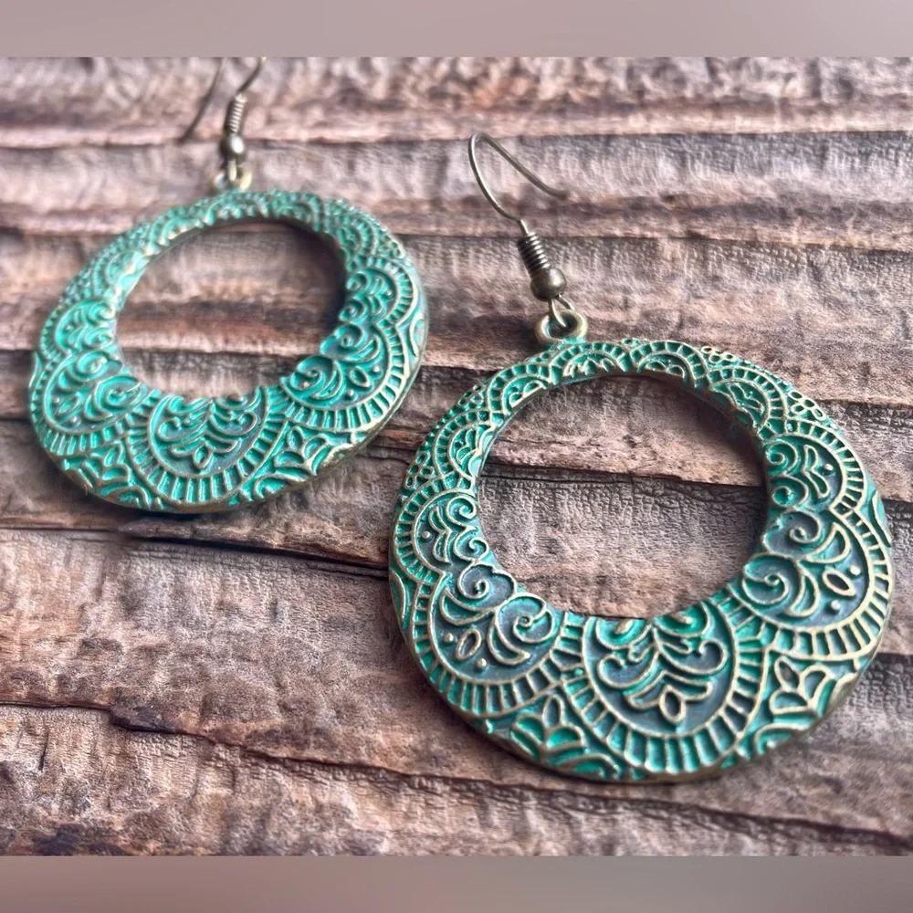 Antique Brass Boho Drop Earrings with Embossed Mandala Design in Green Patina - Picture 7 of 12